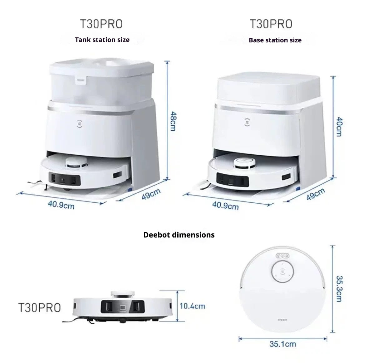 Diagram showing the dimensions of the Ecovacs T30 Pro Omni robot vacuum cleaner and its stations. The tank station is 48 cm tall, 49 cm wide, and 40.9 cm deep. The base station is 40 cm tall, 49 cm wide, and 40.9 cm deep. The Deebot itself is 10.4 cm tall with a diameter of 35.1 cm